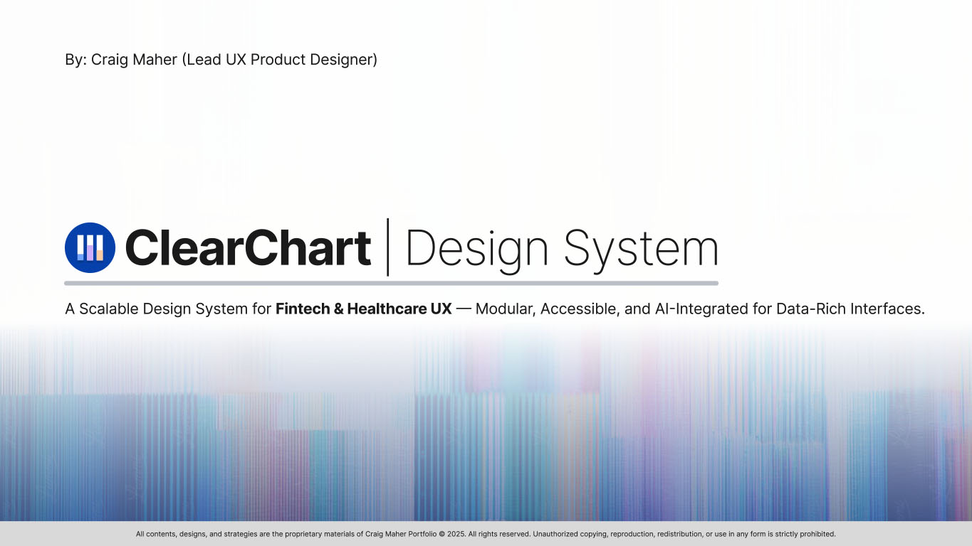 Slide 1 from the ClearChart Design System presentation, showing logo and word mark of company with colorful background to set the stage to understand the product