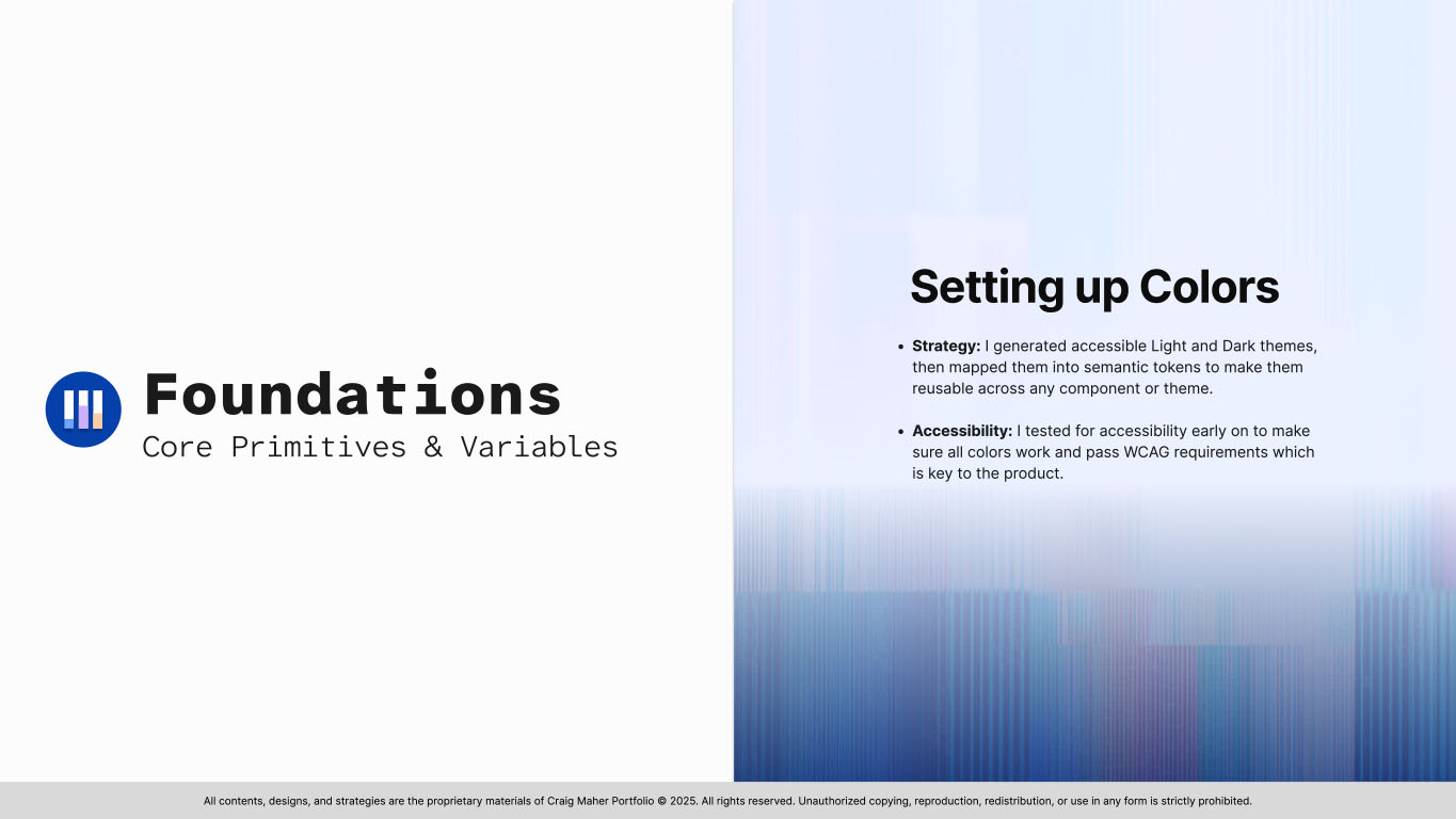 Slide 6 from the ClearChart Design System presentation showing heading text that reads Foundations and setting up colors