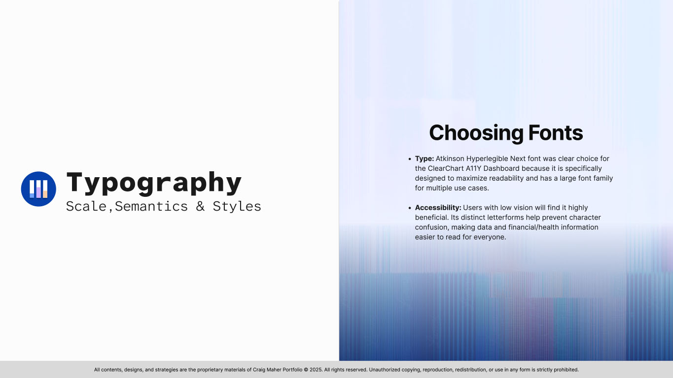 Slide 10 from the ClearChart Design System presentation displaying the title for the Typography section, highlighting font selection