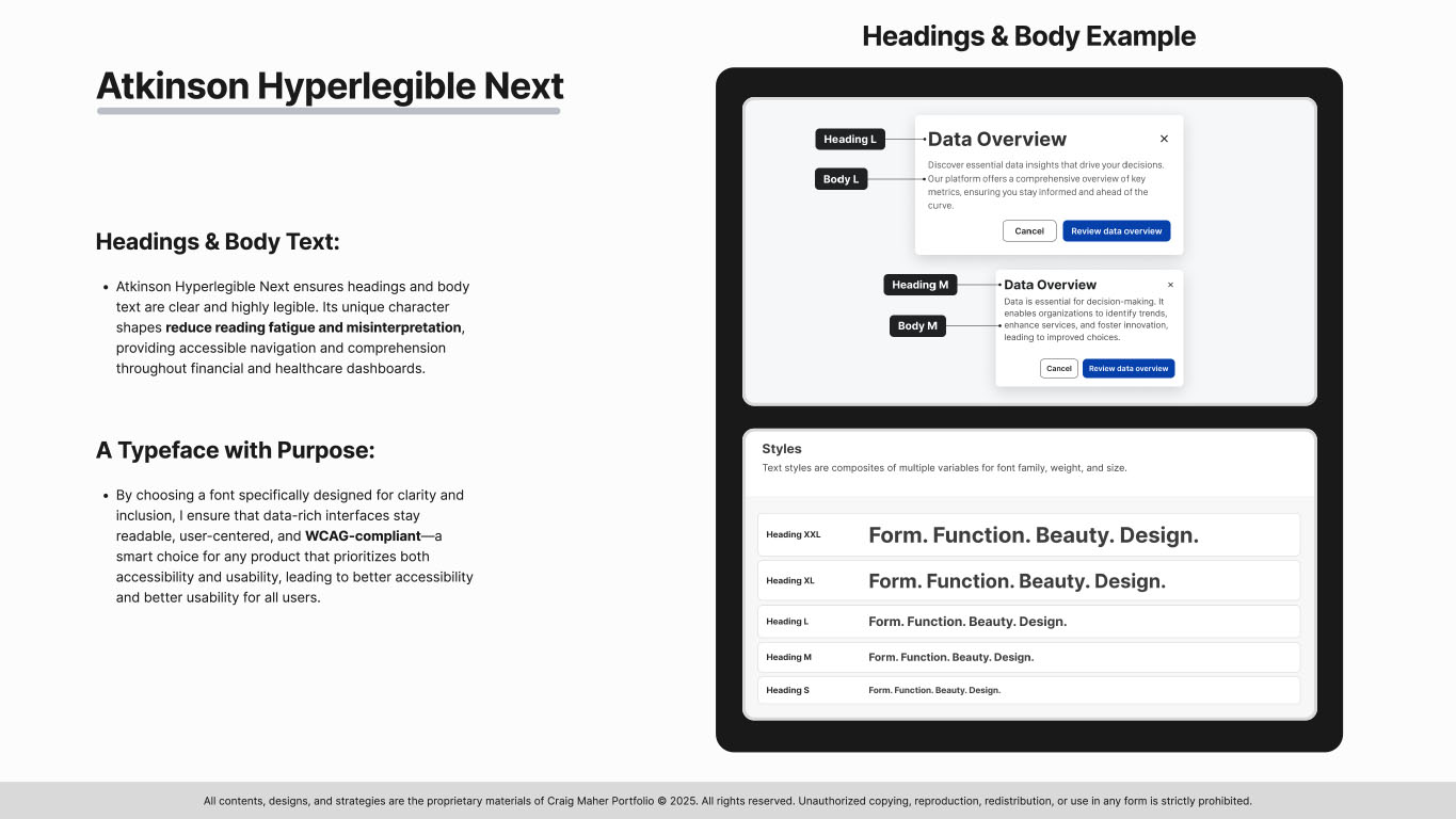 Slide 11 from the ClearChart Design System presentation displaying Typography used for headings and body text