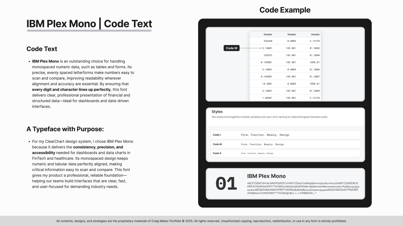 Slide 13 from the ClearChart Design System presentation displaying IBM Plex Mono typeface used for code elements like data tables