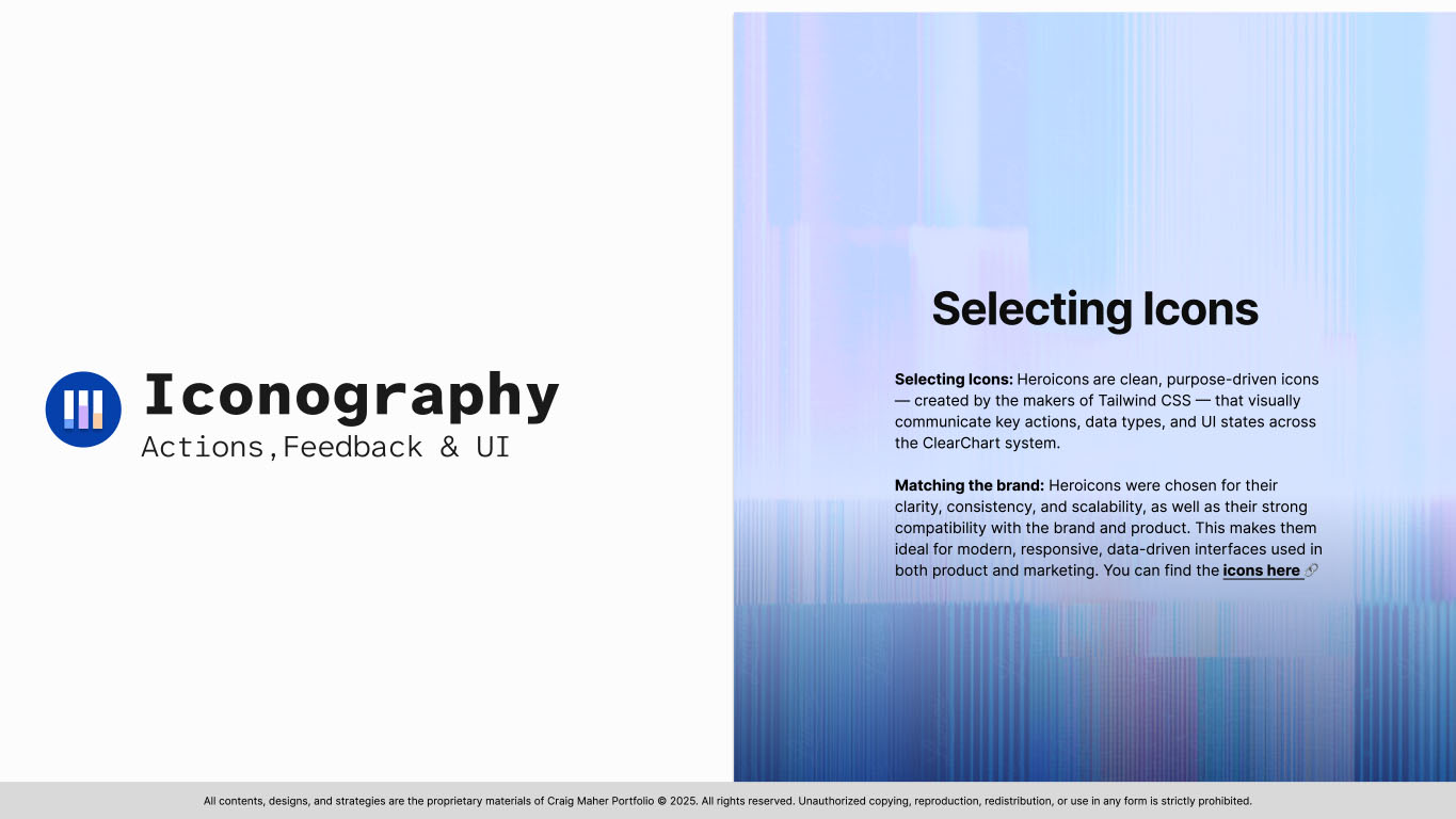 Slide 15 from the ClearChart Design System presentation displaying icons chosen for actions, feedback, and UI elements