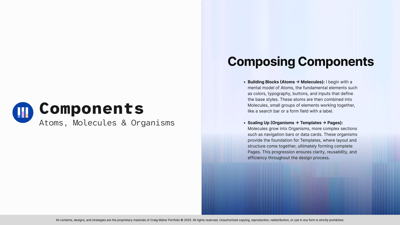 Slide 17 from the ClearChart Design System presentation displaying components organized as atoms, molecules, and organisms