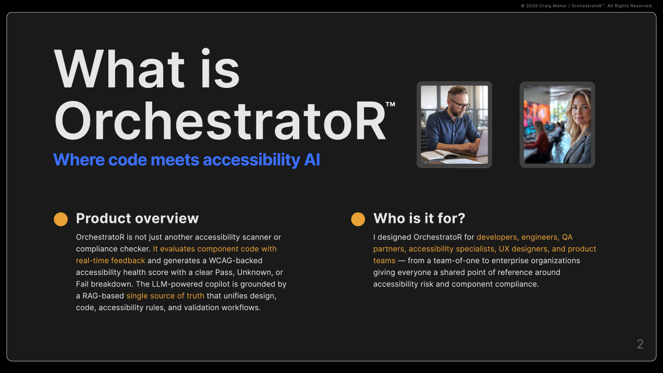 Introduction to OrchestratoR™, an AI accessibility copilot that combines code evaluation, accessibility validation, and AI-powered guidance to help product teams build more accessible digital experiences.