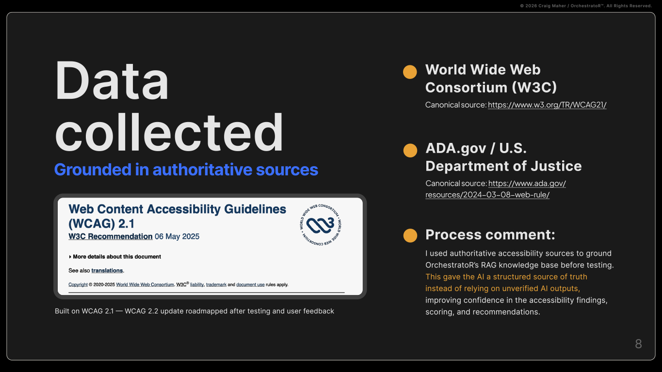 Slide showing the WCAG and ADA sources used to build OrchestratoR's accessibility knowledge base.