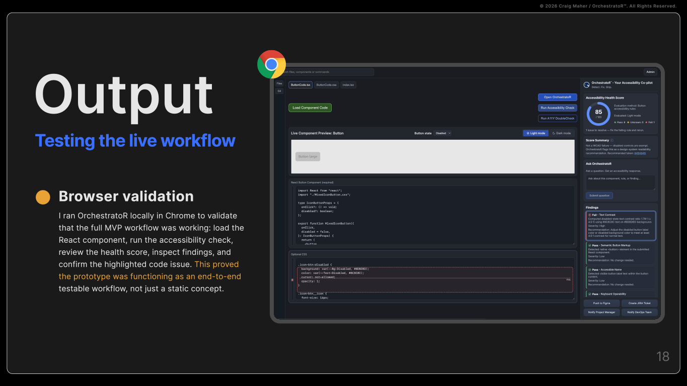 Live OrchestratoR™ prototype validating accessibility issues, scores, findings, and recommended fixes in the browser.